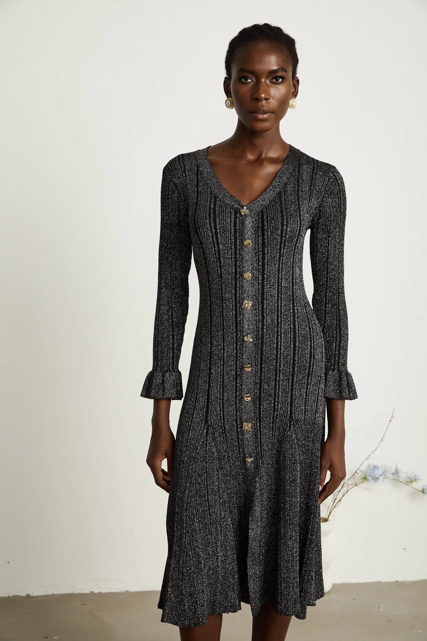 Piper Midi Dress Black Metallic Flounce Mermaid Button Openback