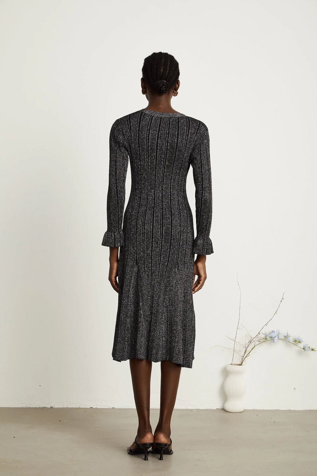 Piper Midi Dress Black Metallic Flounce Mermaid Button Openback