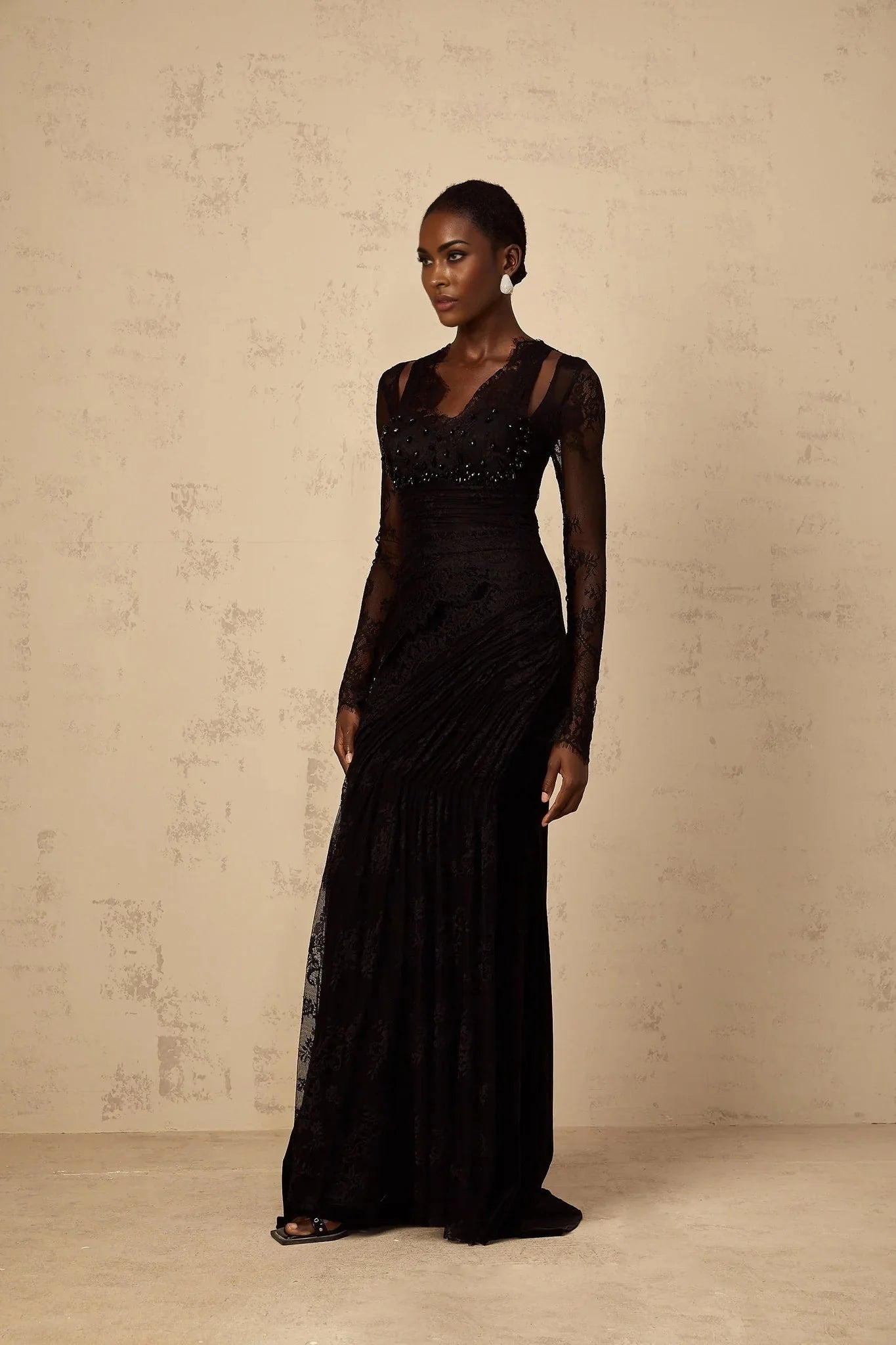 Presley Maxi Dress Black Floral - Lace Rhinestone Mermaid Hem
