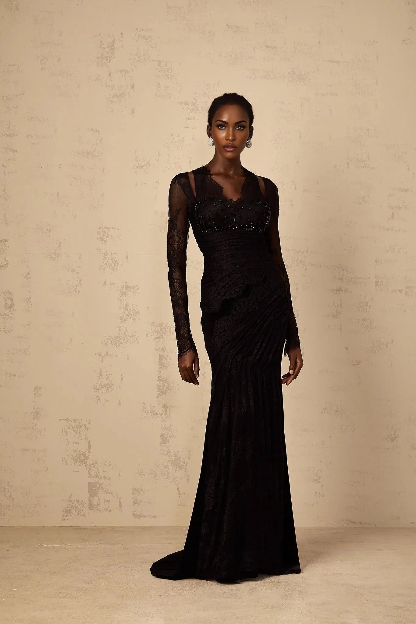 Presley Maxi Dress Black Floral - Lace Rhinestone Mermaid Hem
