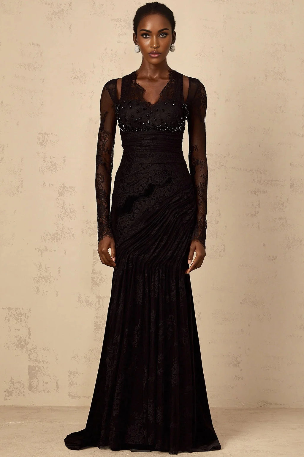 Presley Maxi Dress Black Floral - Lace Rhinestone Mermaid Hem