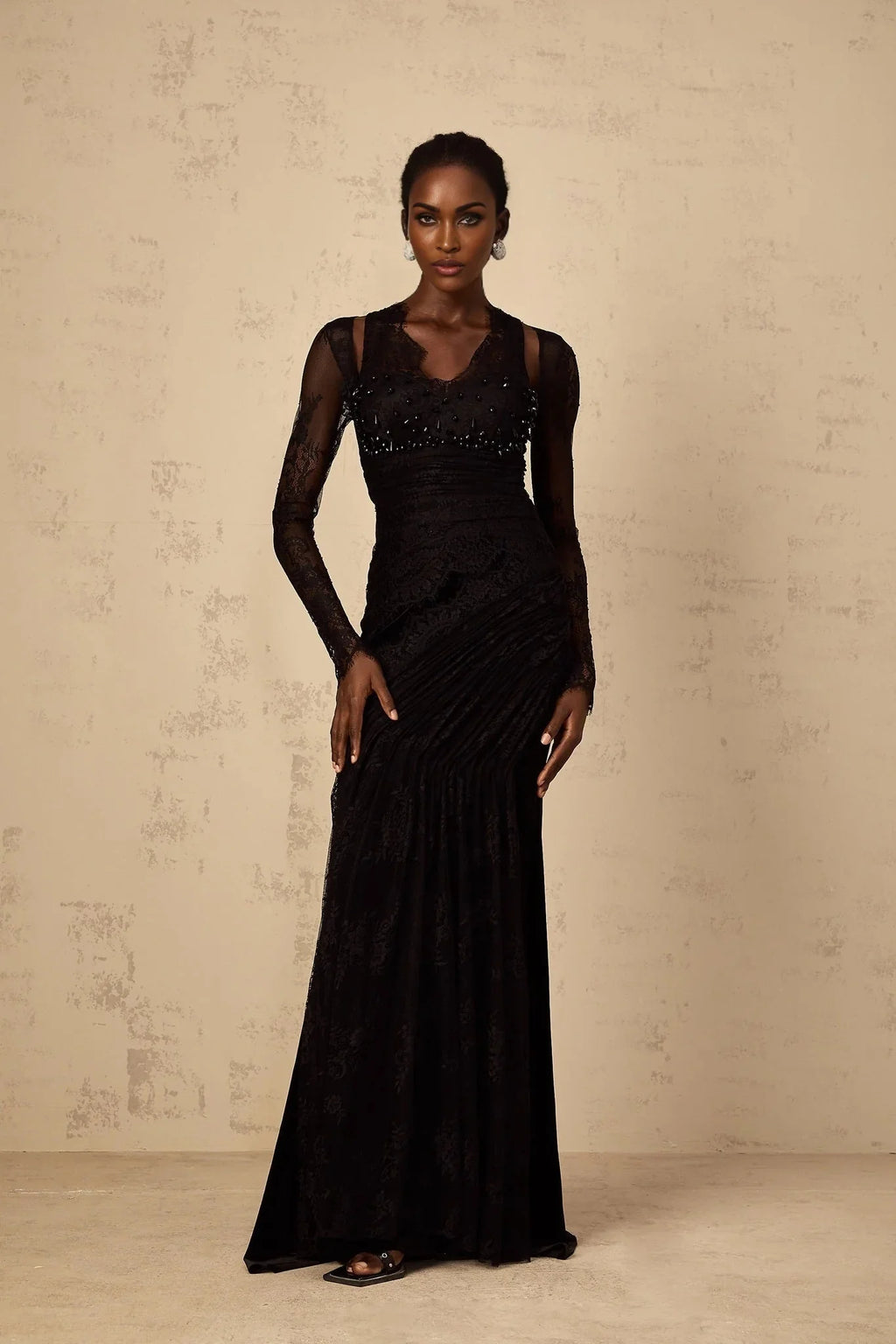 Presley Maxi Dress Black Floral - Lace Rhinestone Mermaid Hem