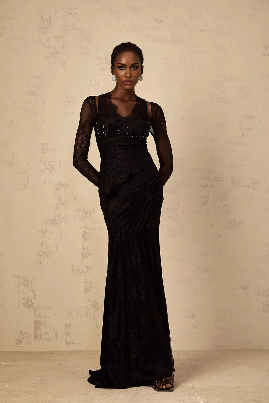 Presley Maxi Dress Black Floral - Lace Rhinestone Mermaid Hem