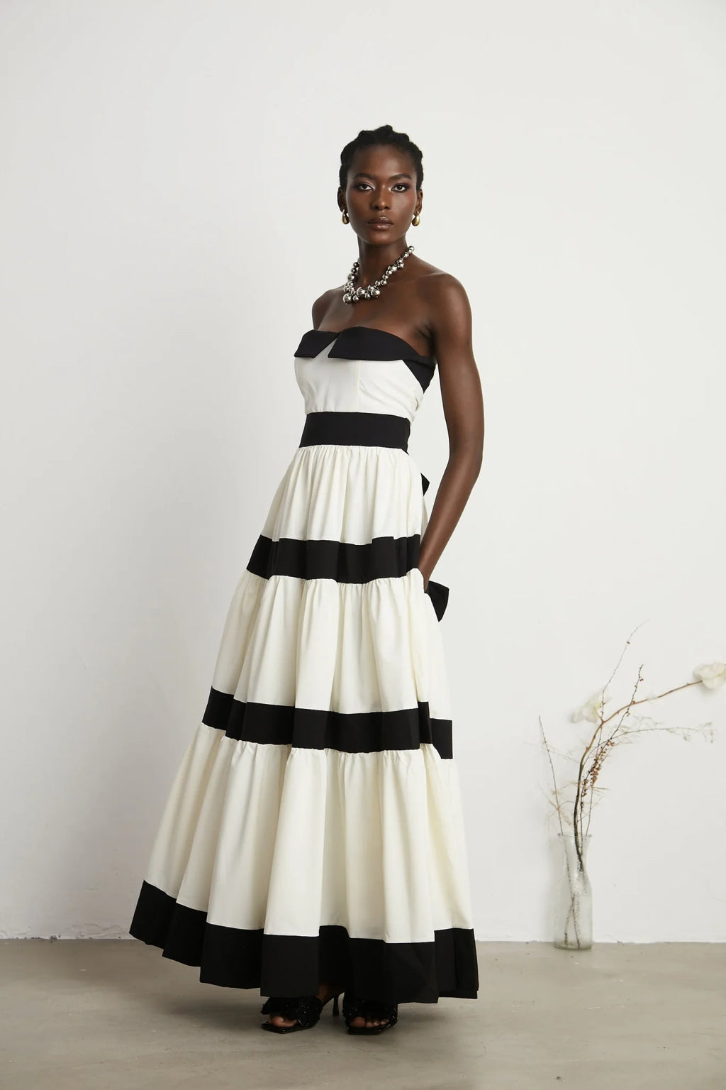 Presley Maxi Dress - White Off - the - Shoulder with Pleats & Bow Embellishment