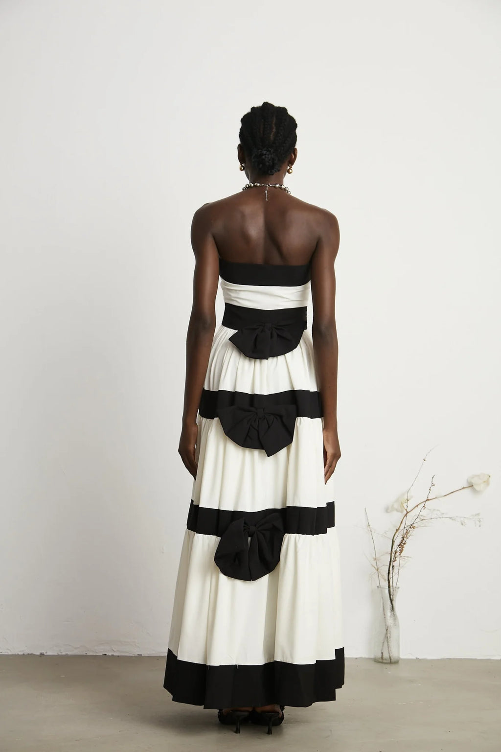 Presley Maxi Dress - White Off - the - Shoulder with Pleats & Bow Embellishment