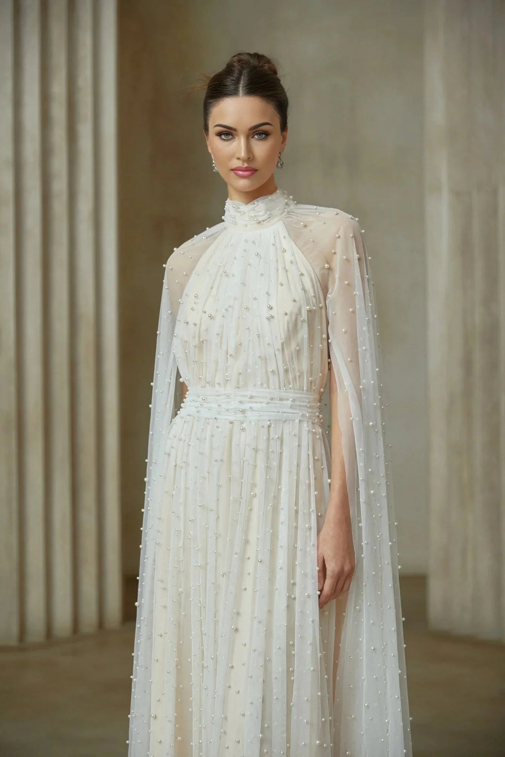 Presley Maxi Dress White Tulle Cape Embellished Rhinestone Pearl