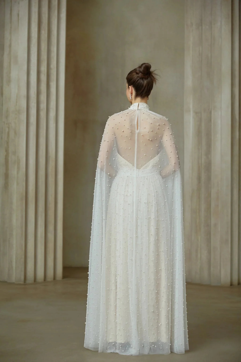 Presley Maxi Dress White Tulle Cape Embellished Rhinestone Pearl