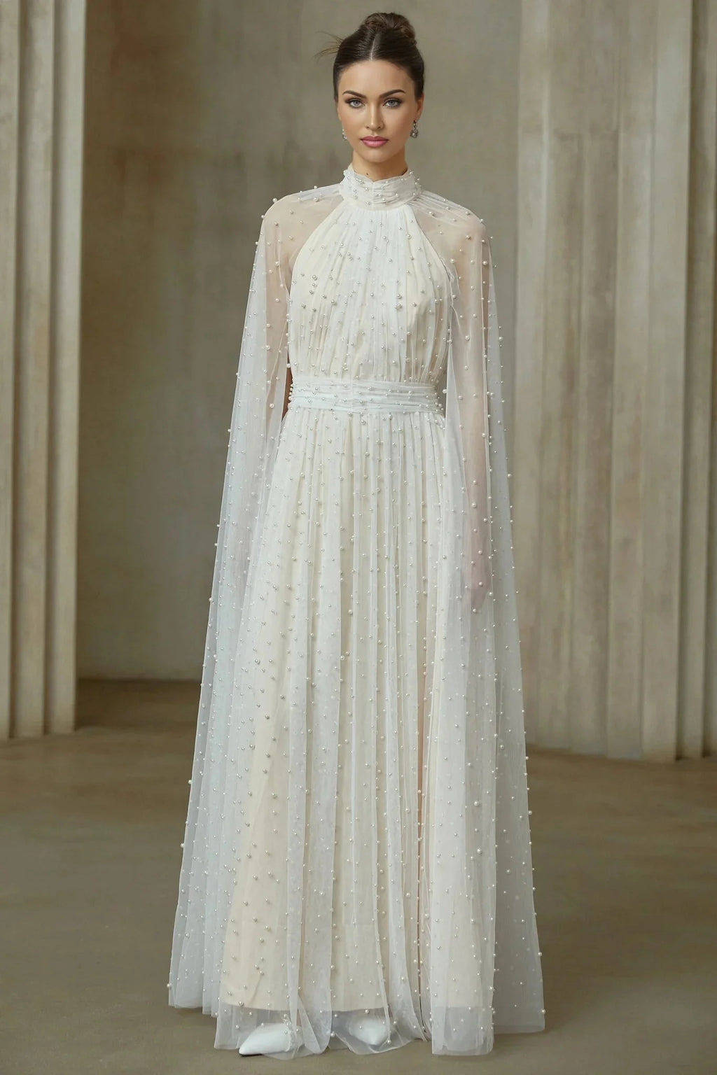 Presley Maxi Dress White Tulle Cape Embellished Rhinestone Pearl