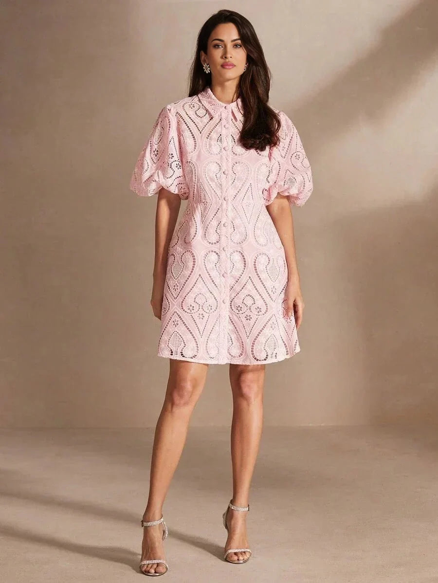 Presley Midi Dress - Puff Sleeve - Ruffle Hem - Eyelet Embroidery - Colorblock - Casual