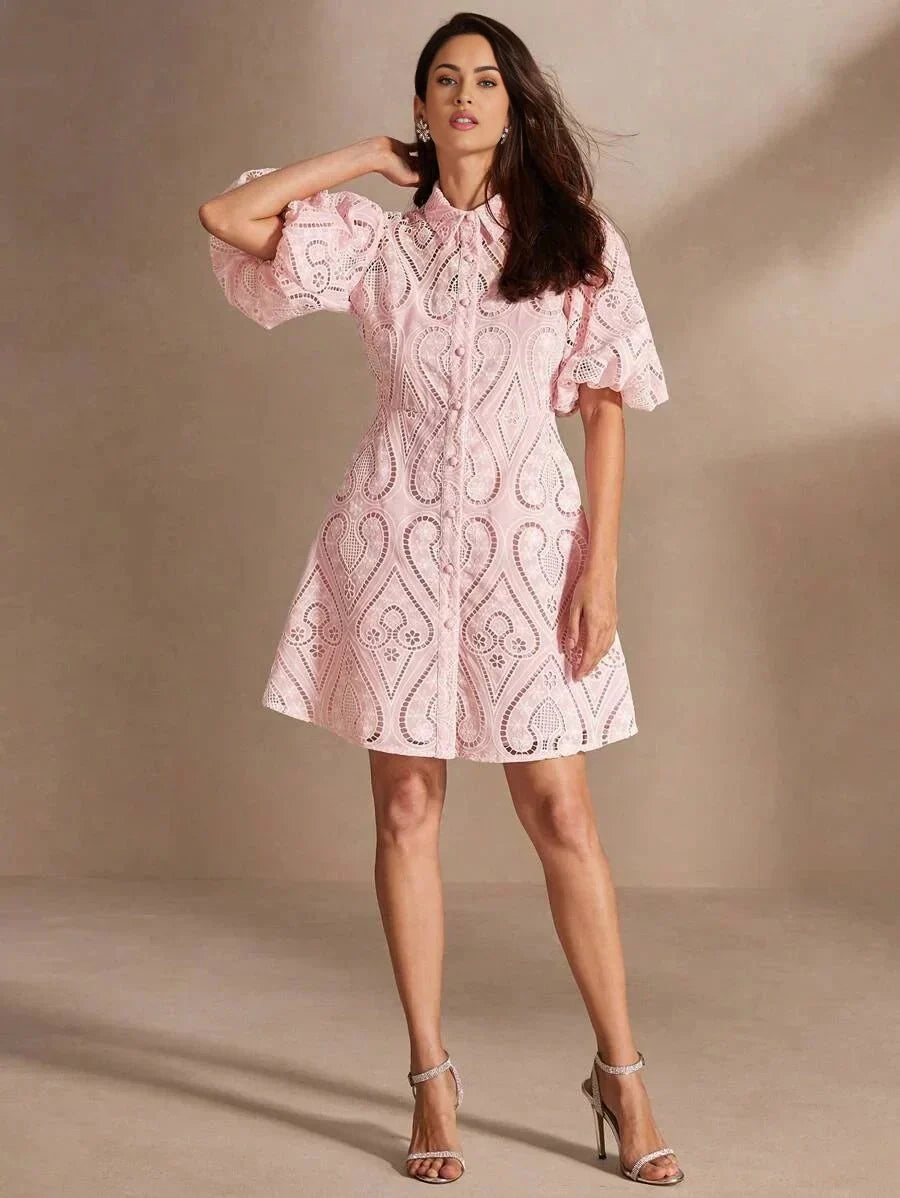Presley Midi Dress - Puff Sleeve - Ruffle Hem - Eyelet Embroidery - Colorblock - Casual