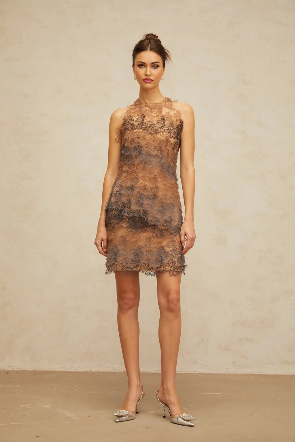 Presley Mini Dress Brown & Grey Corded Lace A - Line Frayed Texture Slip Zip Thigh