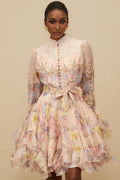 Presley Mini Dress - Crew Neck - Flared Cuffs - Tied Waist - Floral Print - Godet Design