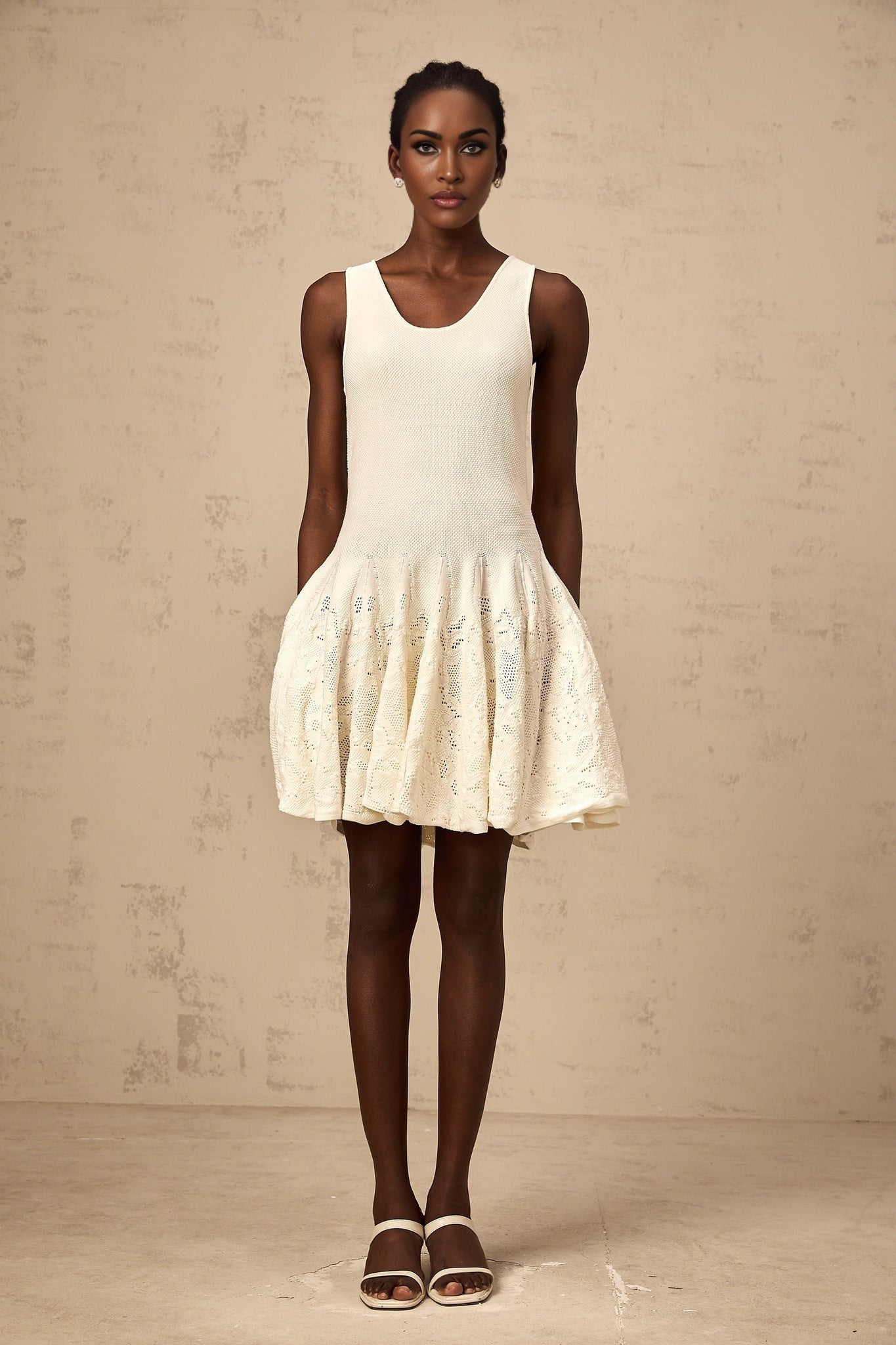 Presley Mini Dress Ivory White Jacquard Knit Flare Hem