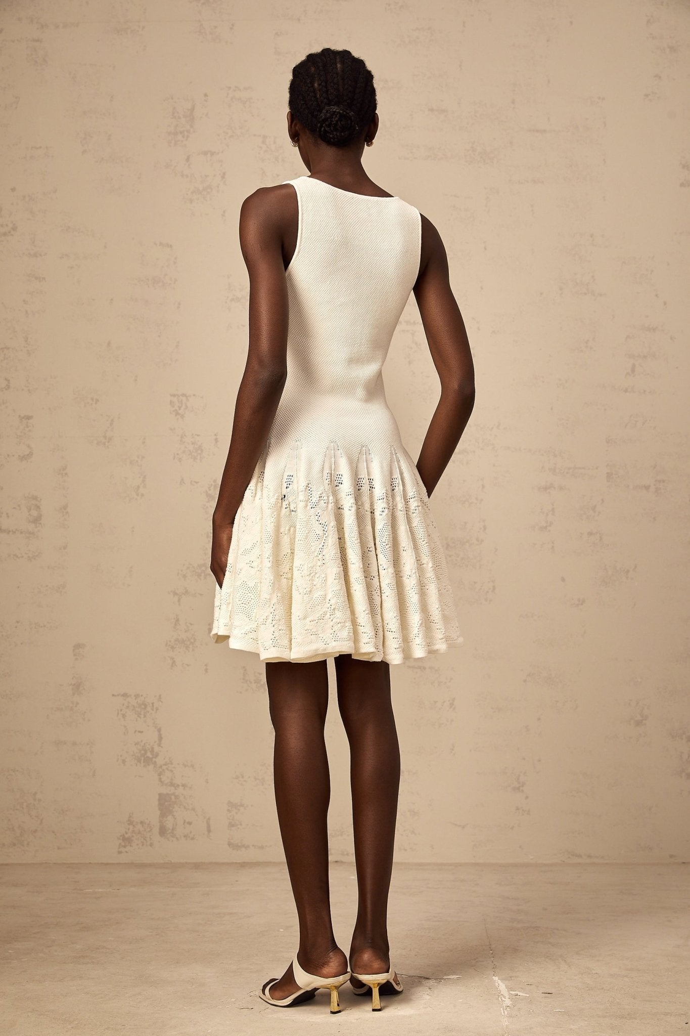 Presley Mini Dress Ivory White Jacquard Knit Flare Hem