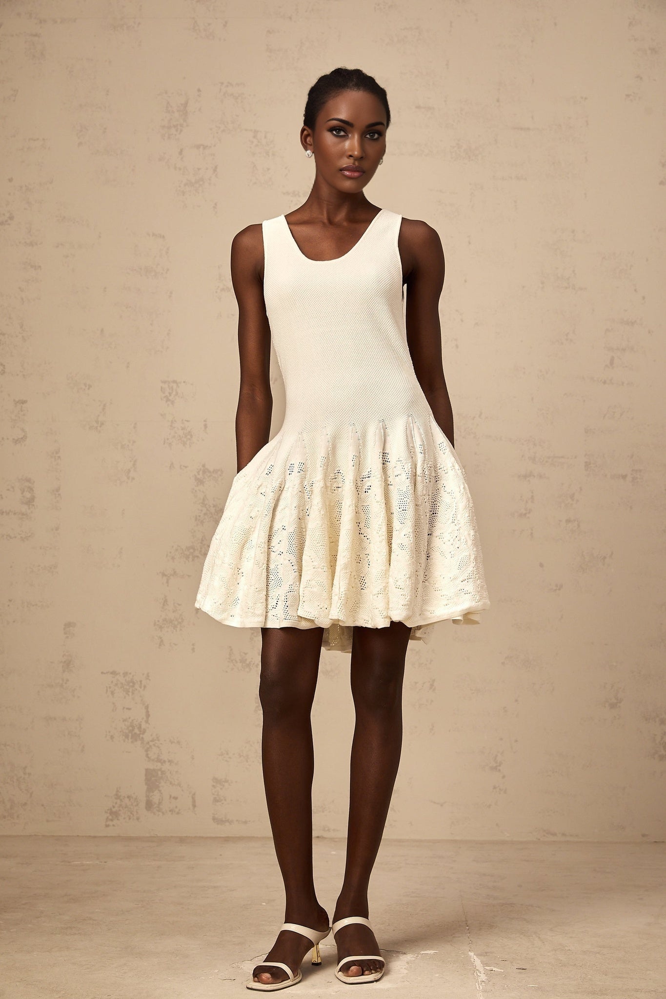 Presley Mini Dress Ivory White Jacquard Knit Flare Hem