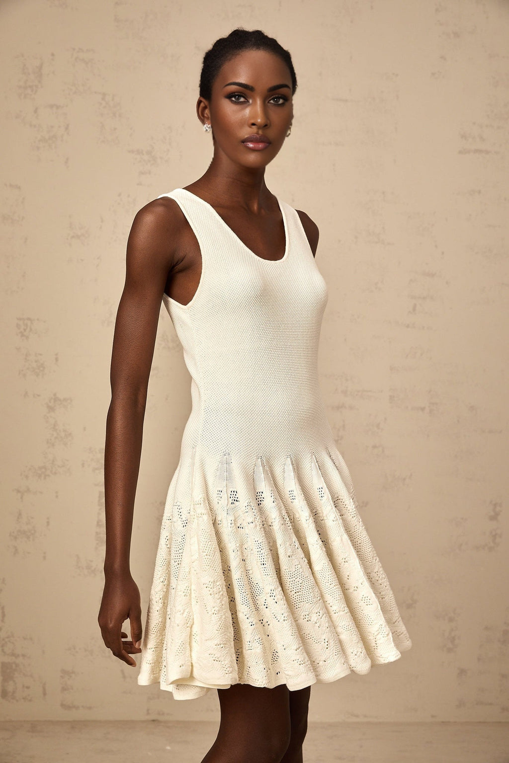 Presley Mini Dress Ivory White Jacquard Knit Flare Hem