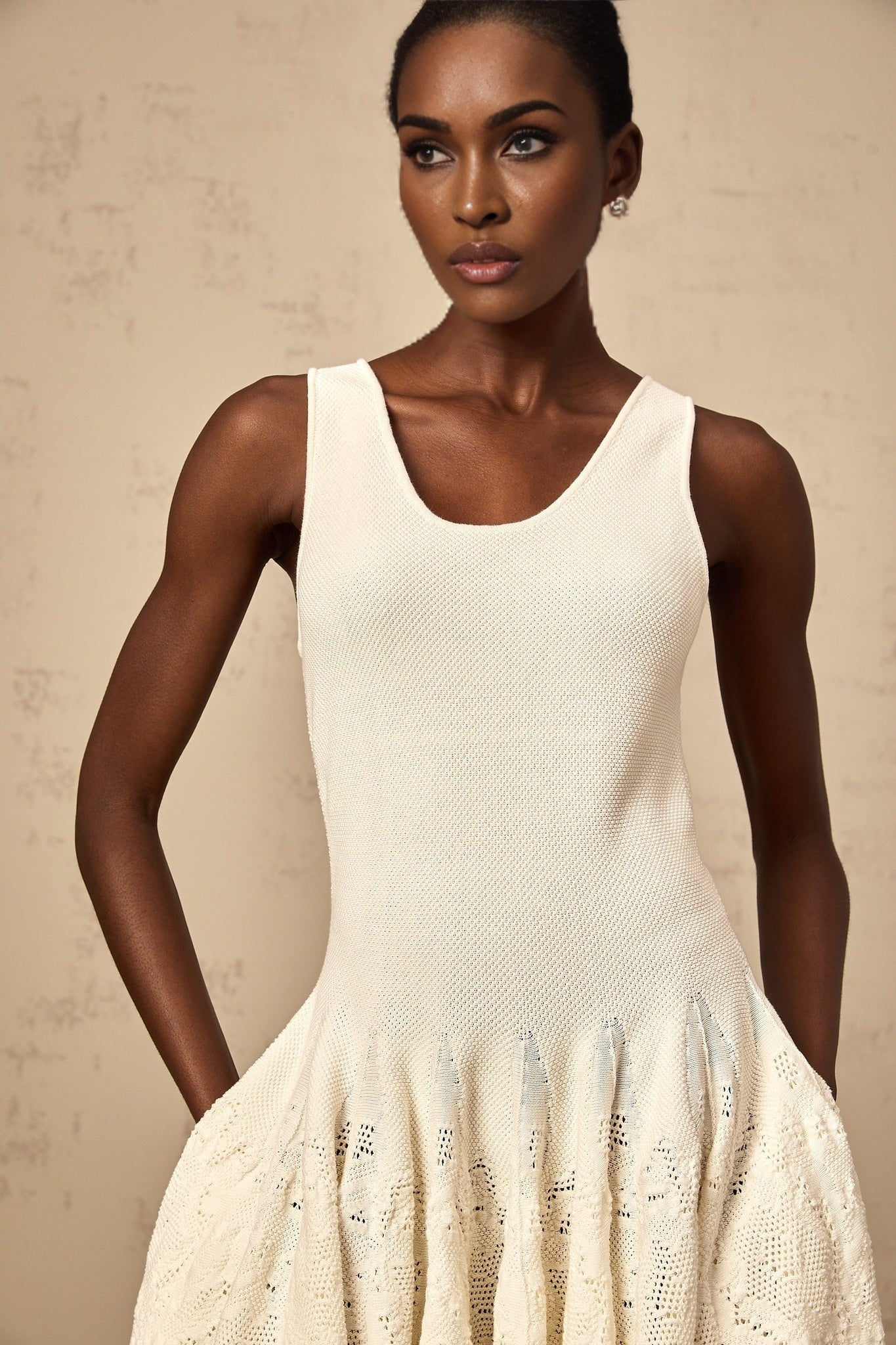Presley Mini Dress Ivory White Jacquard Knit Flare Hem