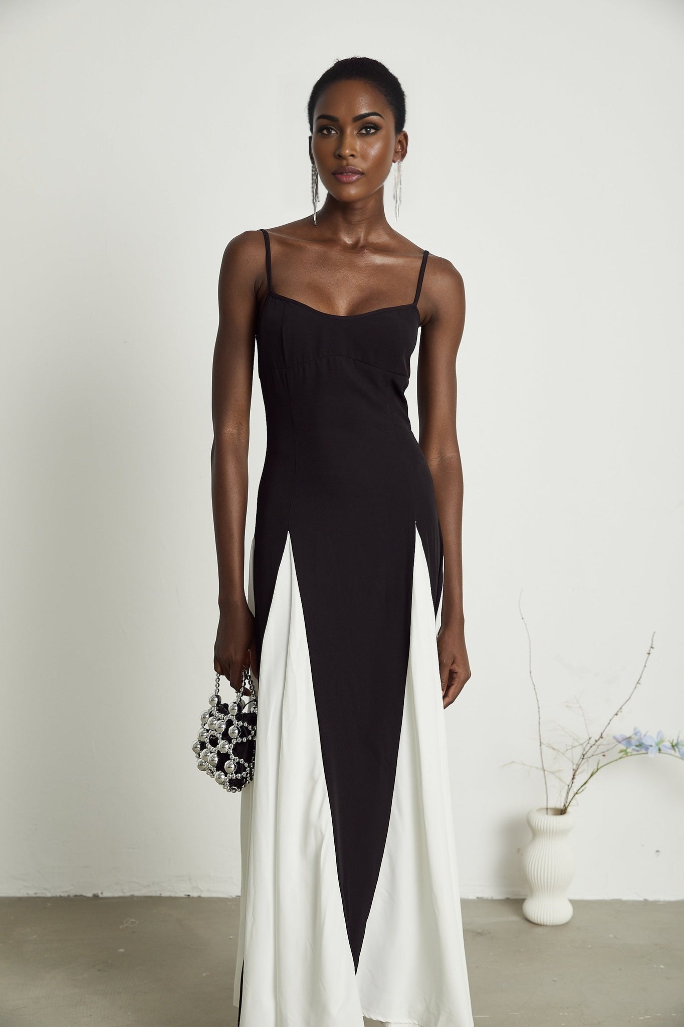 Primula Black and White Colorblock Maxi Dress With Pleated Panels
