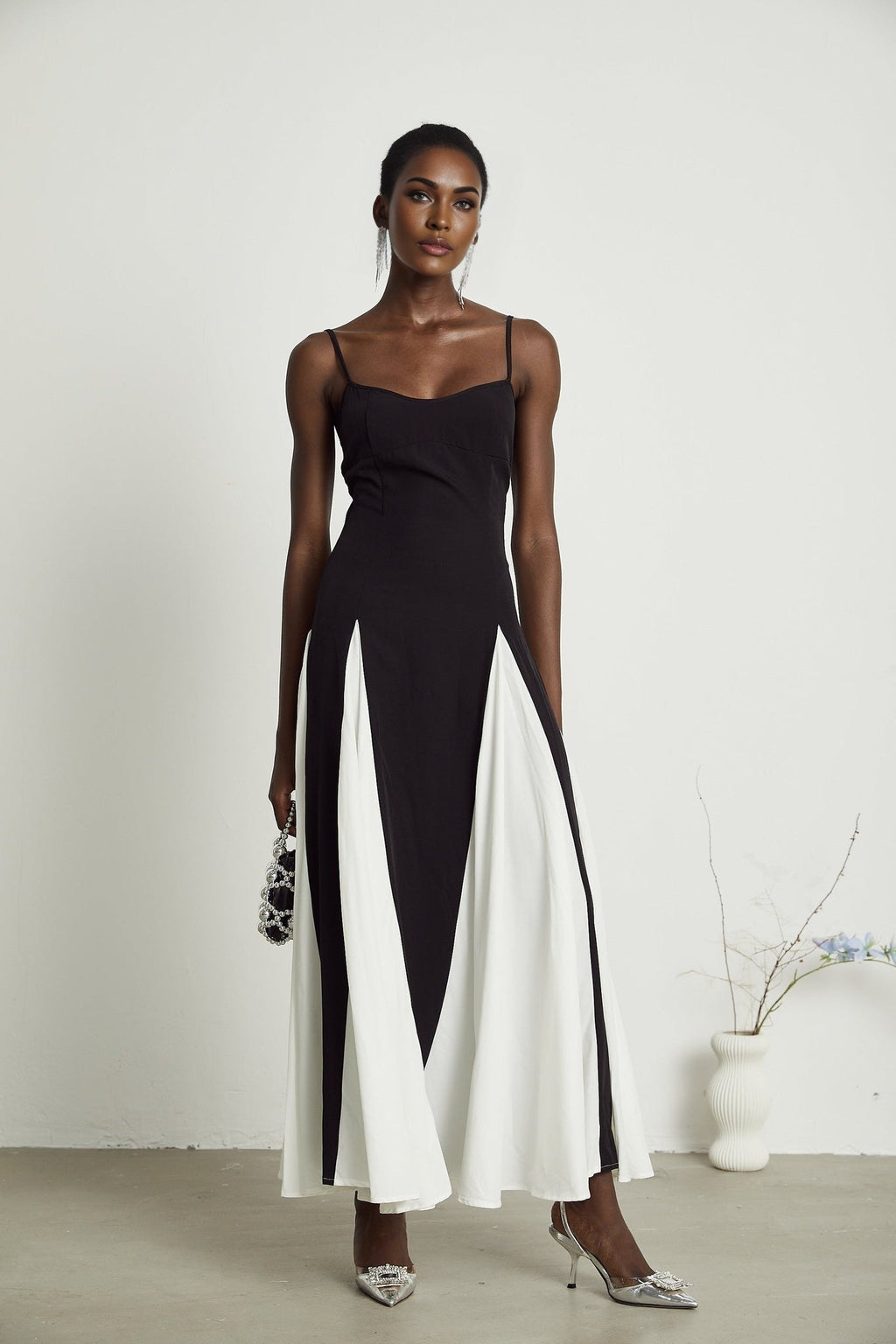 Primula Black and White Colorblock Maxi Dress With Pleated Panels