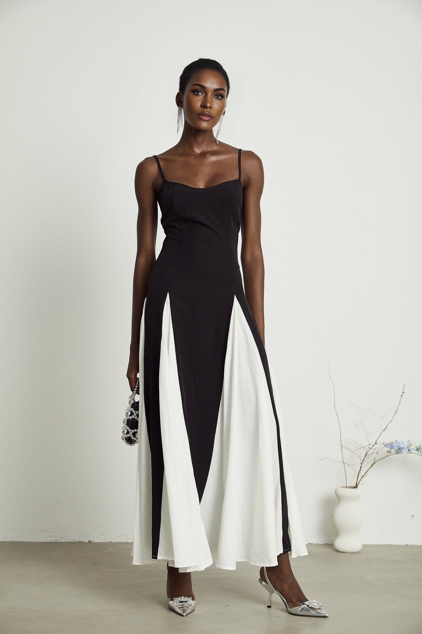 Primula Black and White Colorblock Maxi Dress With Pleated Panels