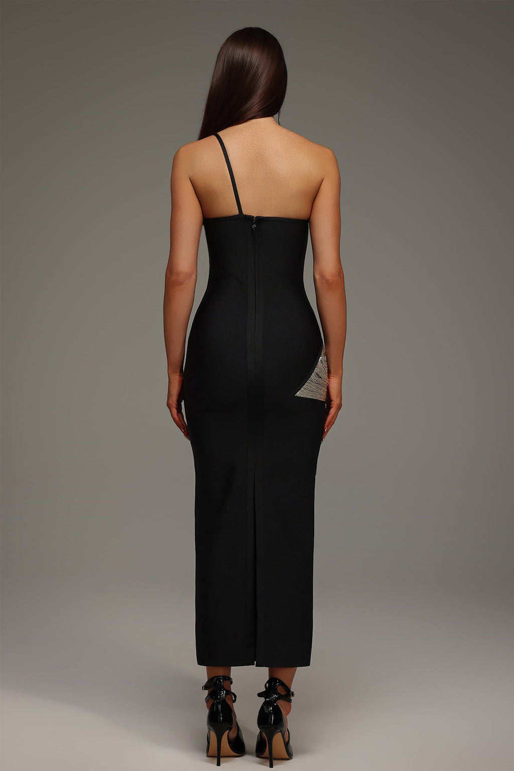 Primula Black One-Shoulder Bandage Dress with Silver Detailing and Tassel Accents