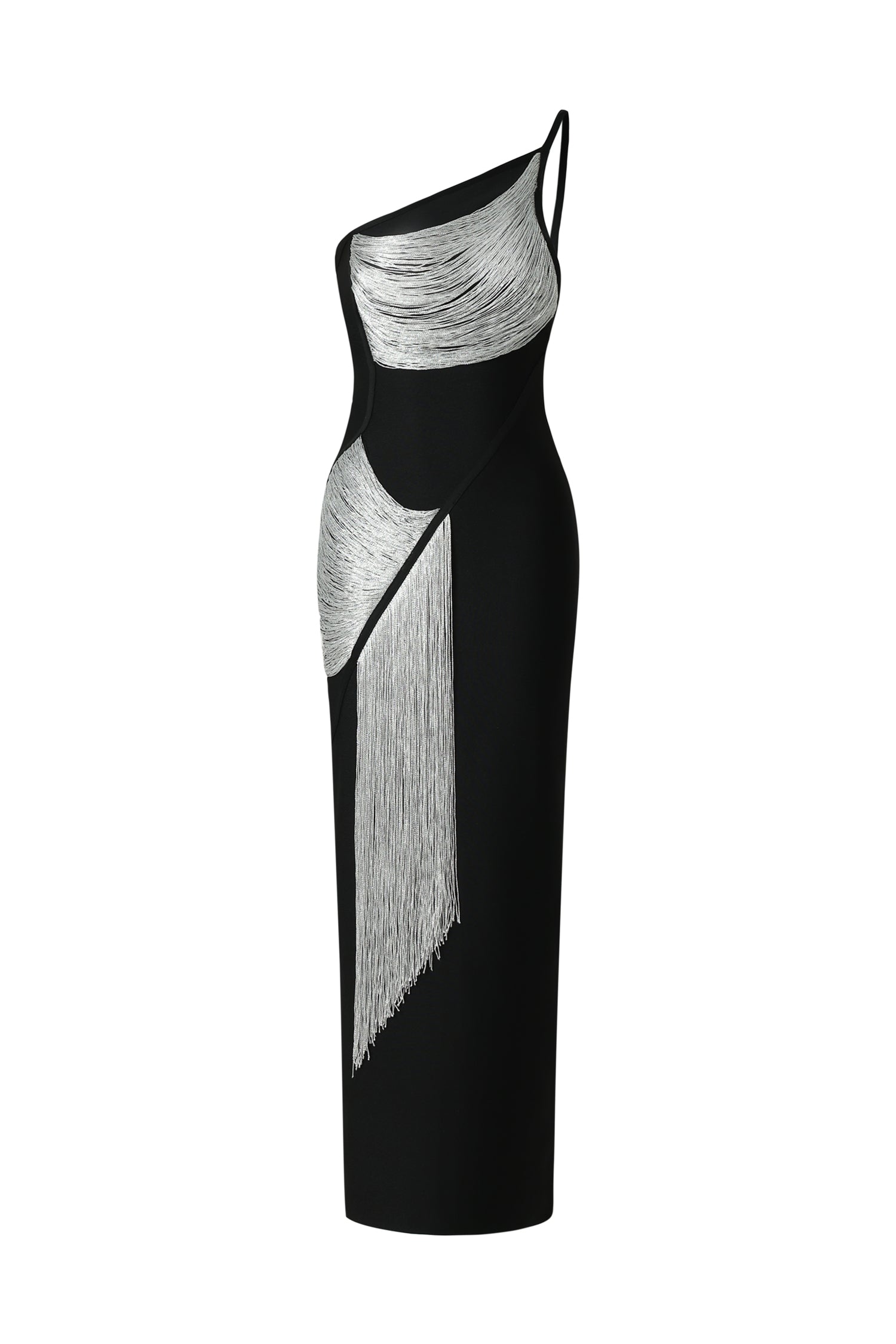 Primula Black One-Shoulder Bandage Dress with Silver Detailing and Tassel Accents