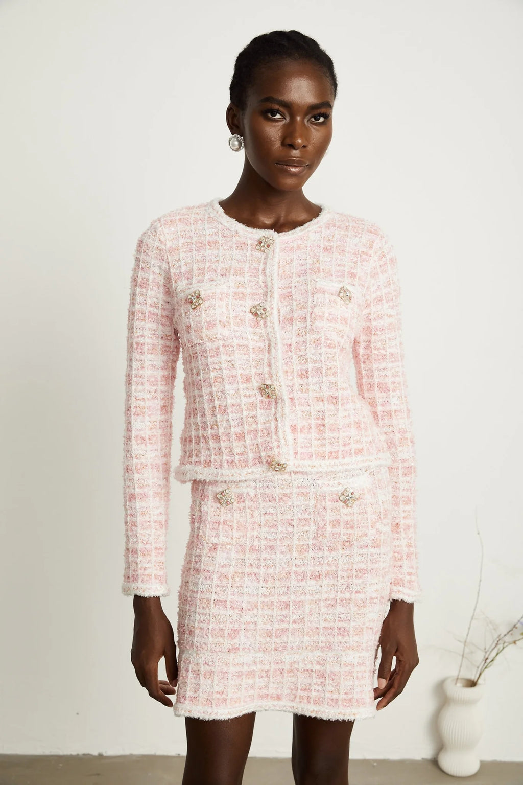 Priscilla Cardigan & Skirt Pink Check Pattern Set