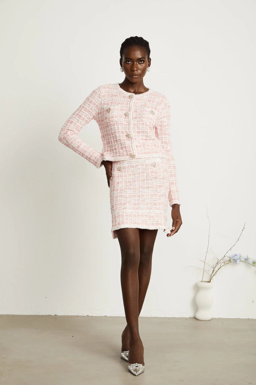 Priscilla Cardigan & Skirt Pink Check Pattern Set