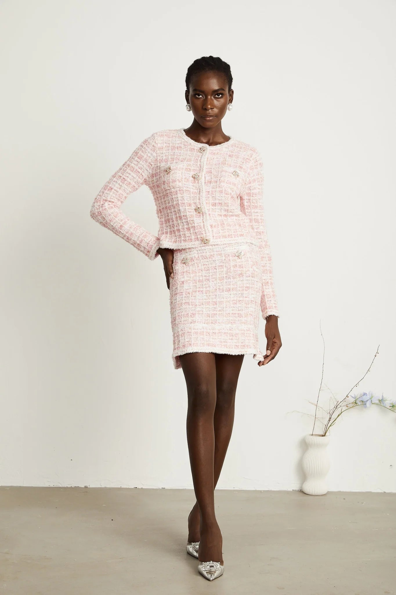 Priscilla Cardigan & Skirt Pink Check Pattern Set