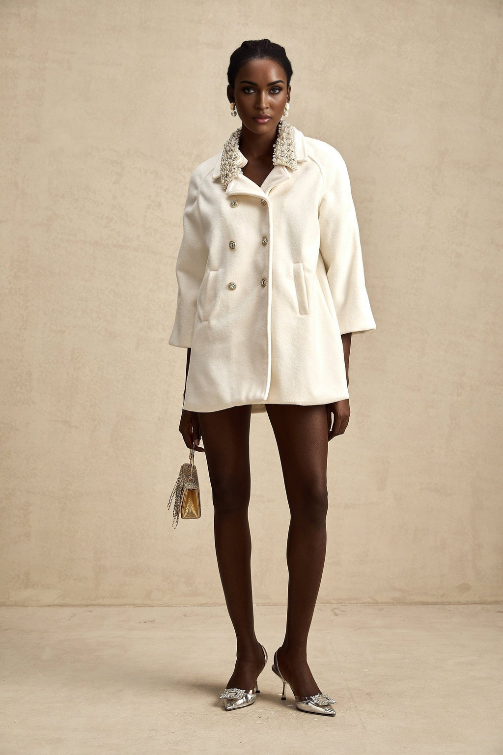 Priscilla Coat Crystal & Pearl Embellished Maxi Woolen Fabienne