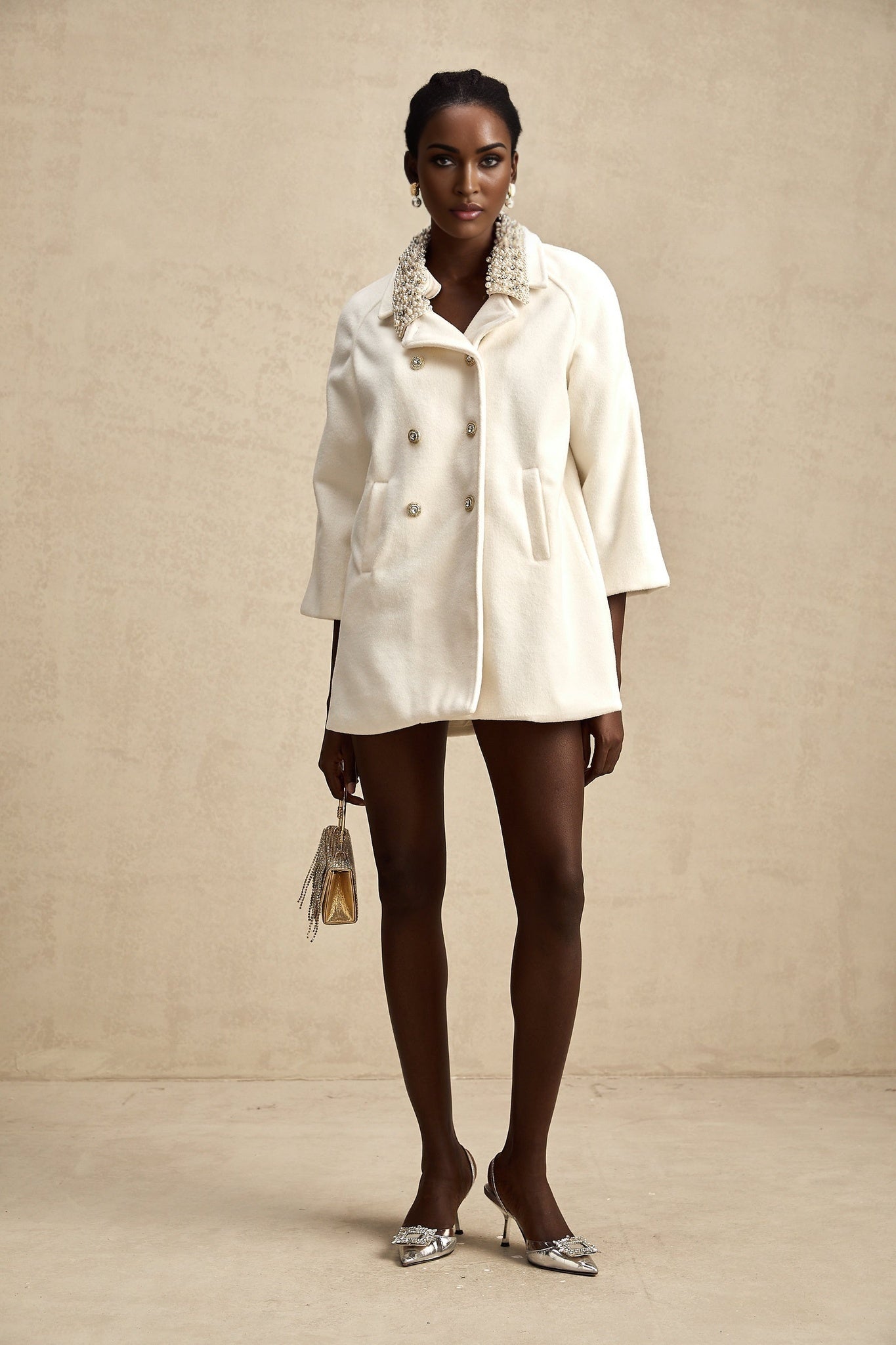 Priscilla Coat Crystal & Pearl Embellished Maxi Woolen Fabienne