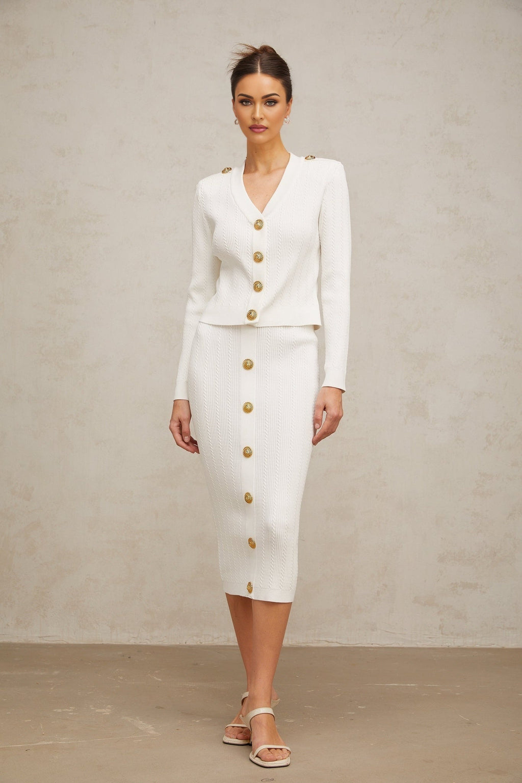 Priscilla Jacket & Skirt Rib Knit White Epaulette Set