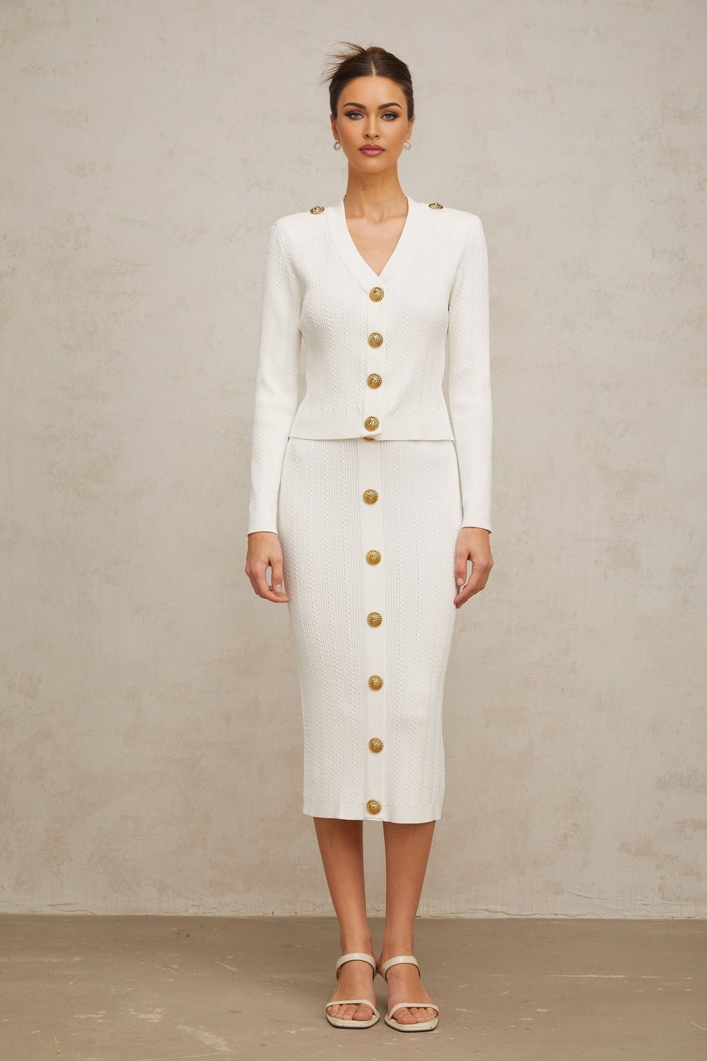 Priscilla Jacket & Skirt Rib Knit White Epaulette Set