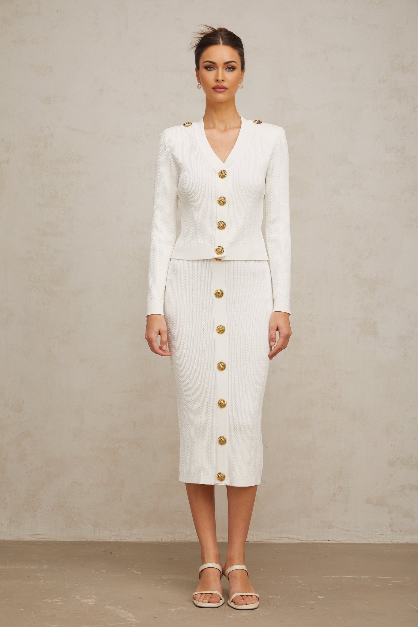 Priscilla Jacket & Skirt Rib Knit White Epaulette Set