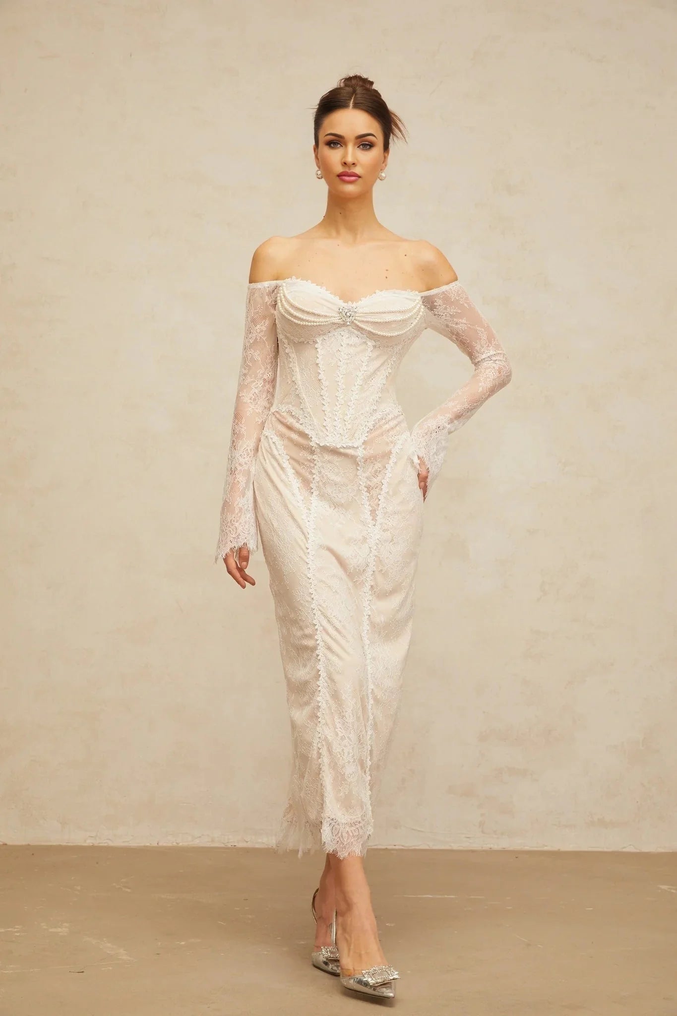 Priscilla Midi Dress White Lace Embellished Crystal Pearls & Boned Bodice