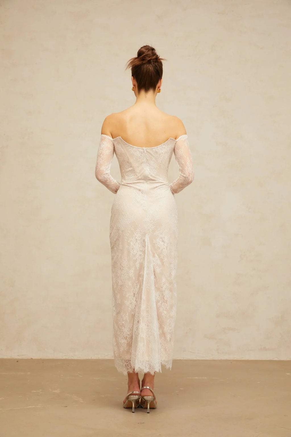 Priscilla Midi Dress White Lace Embellished Crystal Pearls & Boned Bodice
