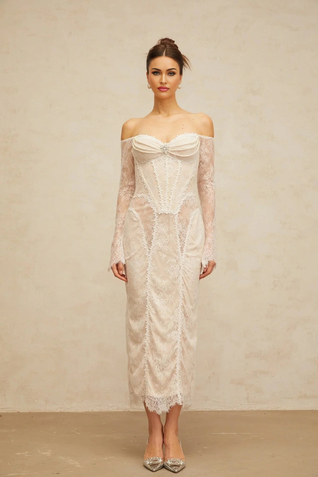 Priscilla Midi Dress White Lace Embellished Crystal Pearls & Boned Bodice