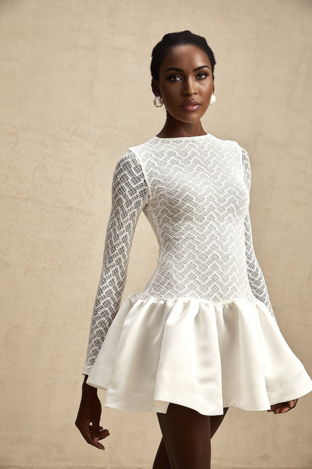 Priscilla Mini Dress White Lace Panelled Ruffle Flared Hem