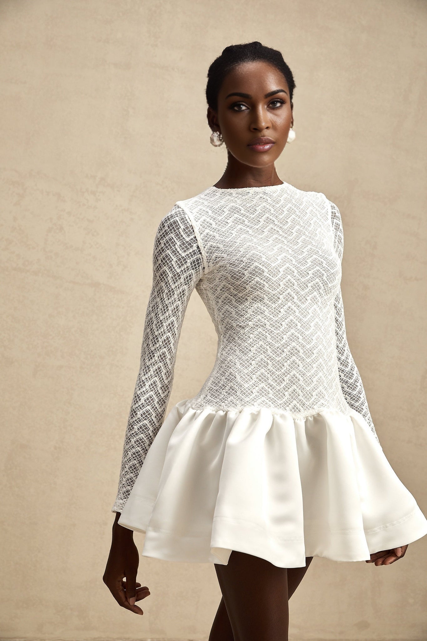 Priscilla Mini Dress White Lace Panelled Ruffle Flared Hem