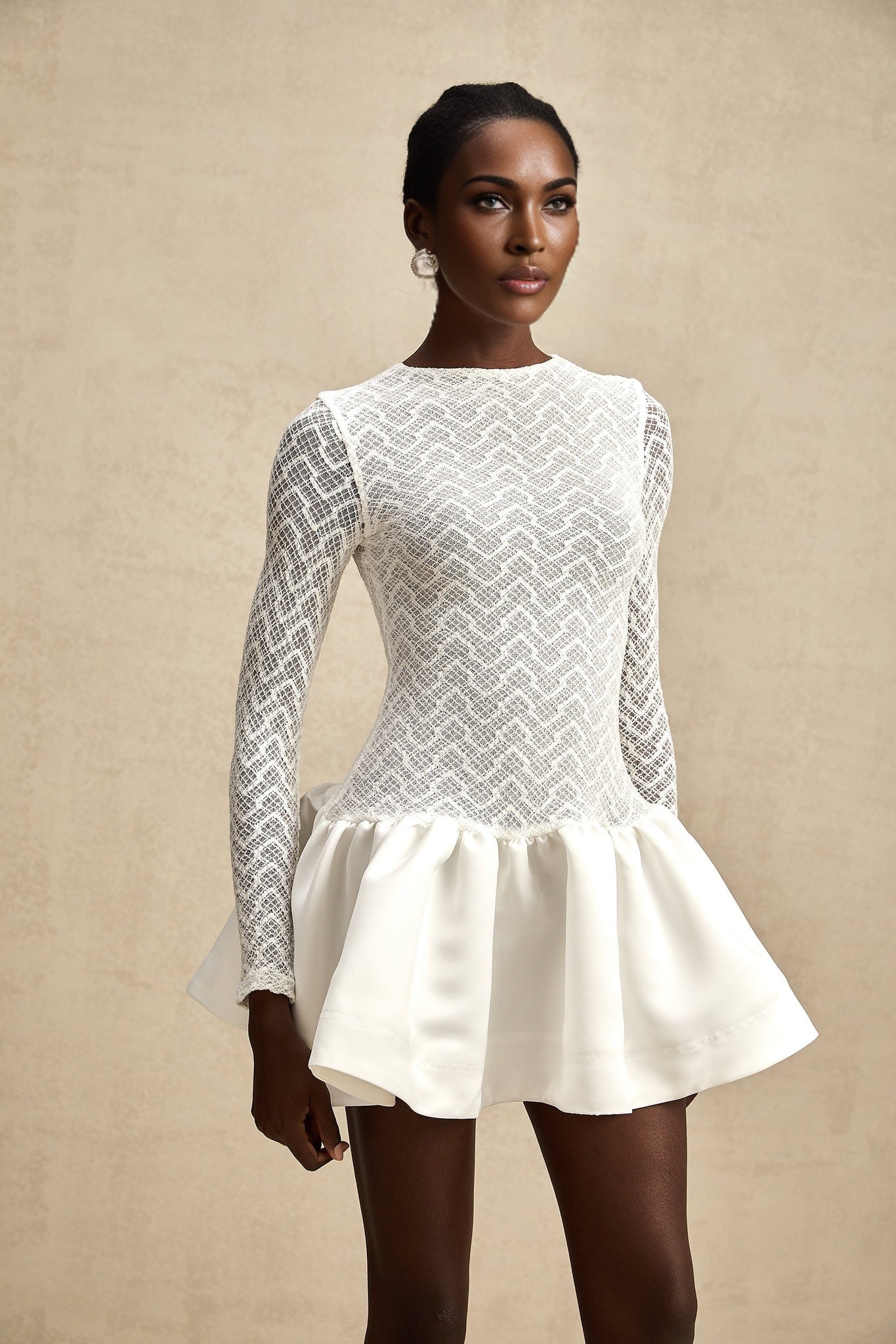 Priscilla Mini Dress White Lace Panelled Ruffle Flared Hem