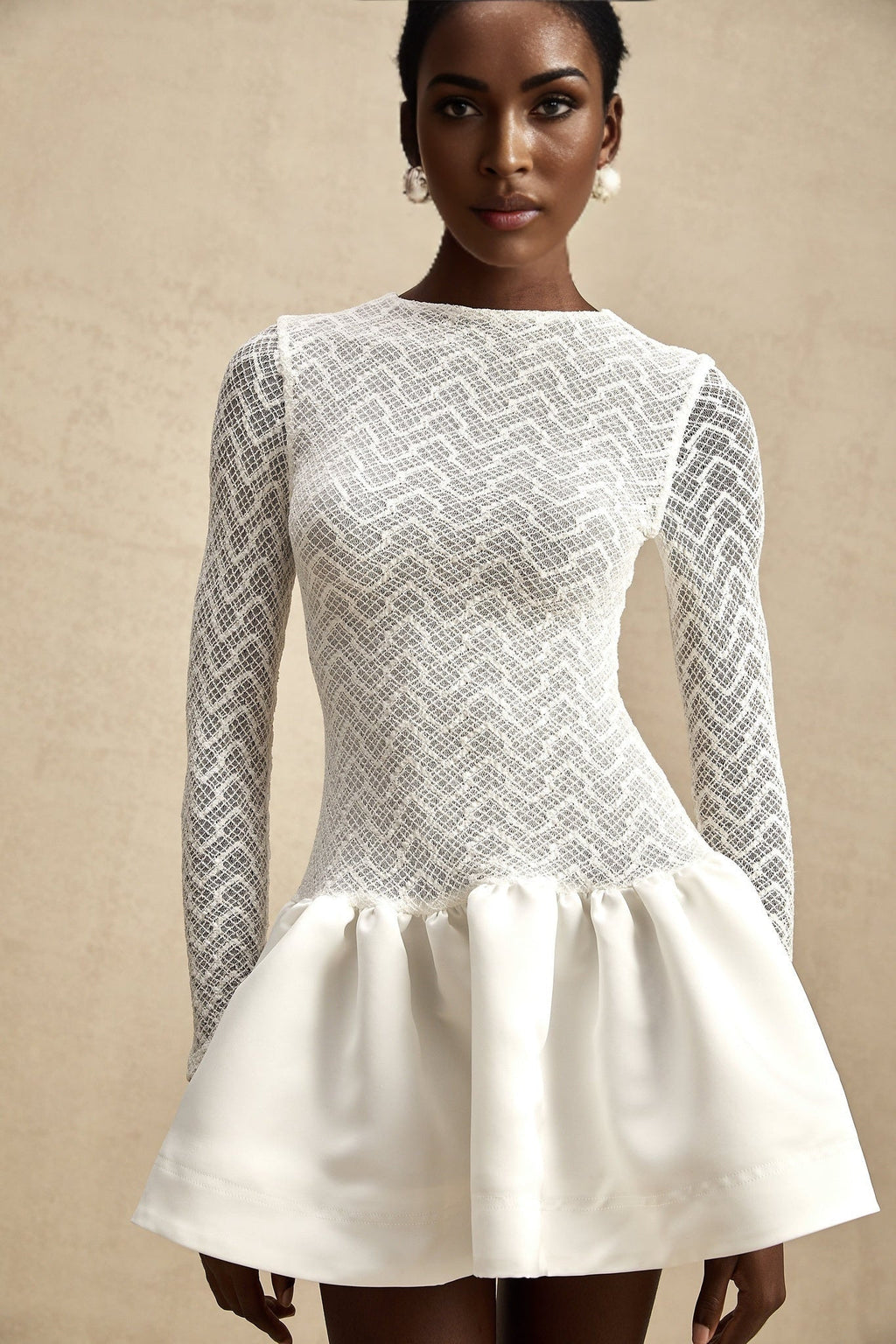Priscilla Mini Dress White Lace Panelled Ruffle Flared Hem