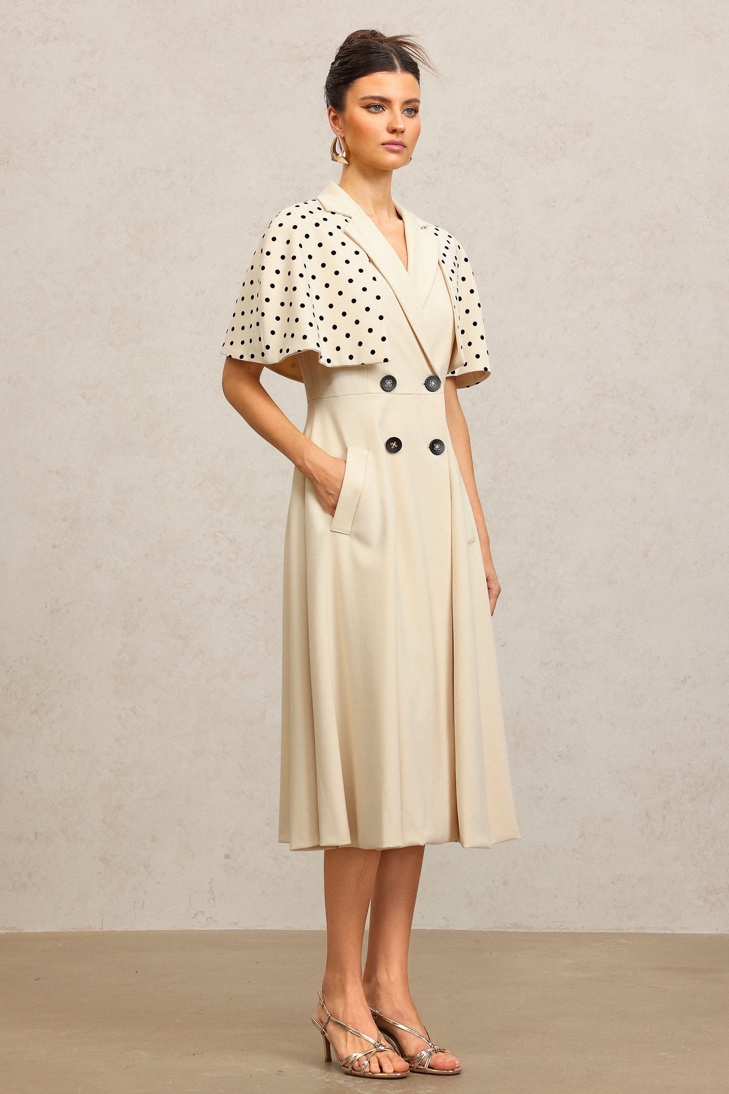 Quinn Beige Double-Breasted Maxi Dress with Polka Dot Sleeves and Notched Collar