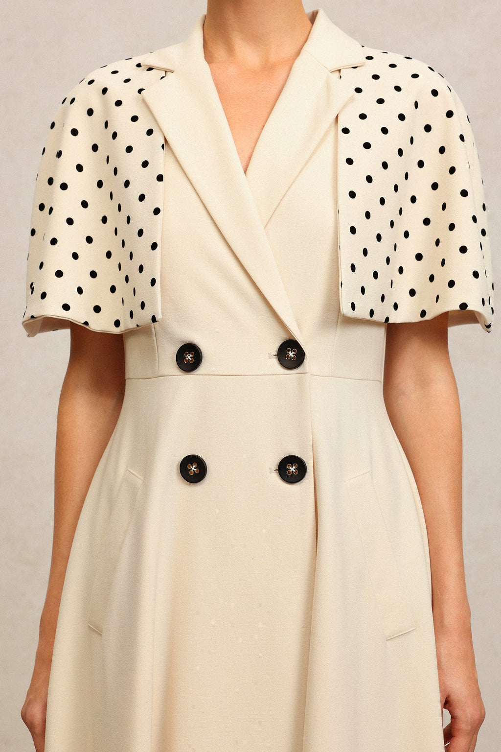 Quinn Beige Double-Breasted Maxi Dress with Polka Dot Sleeves and Notched Collar