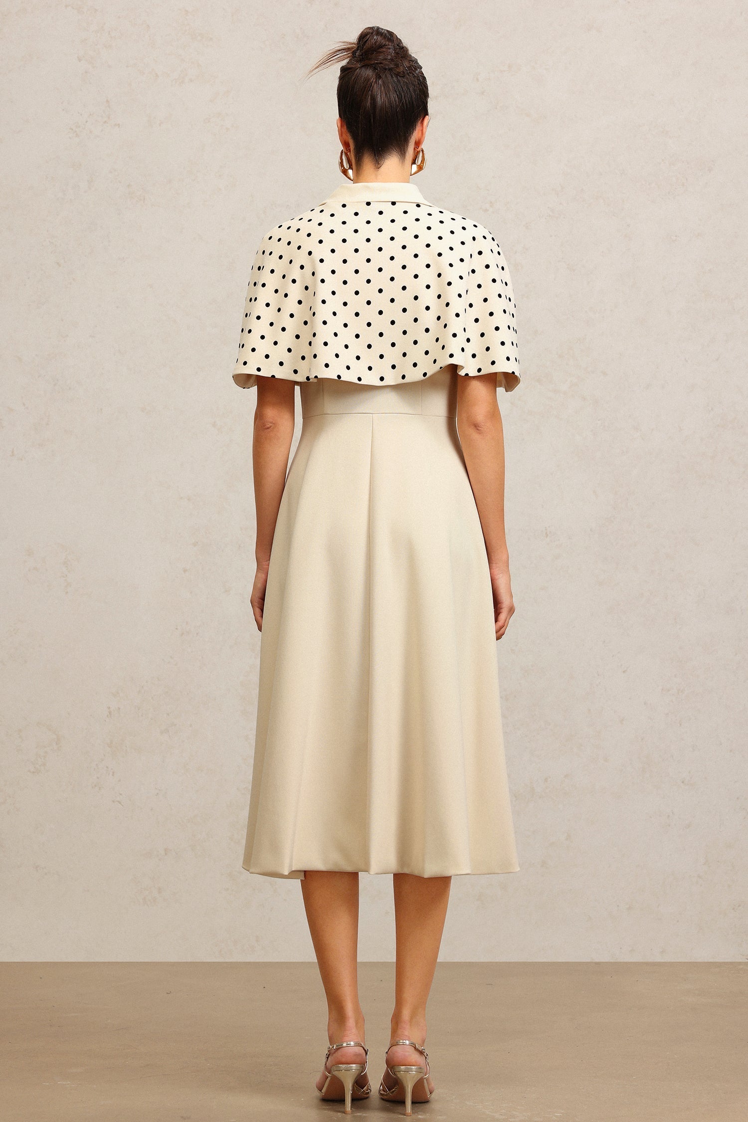 Quinn Beige Double-Breasted Maxi Dress with Polka Dot Sleeves
