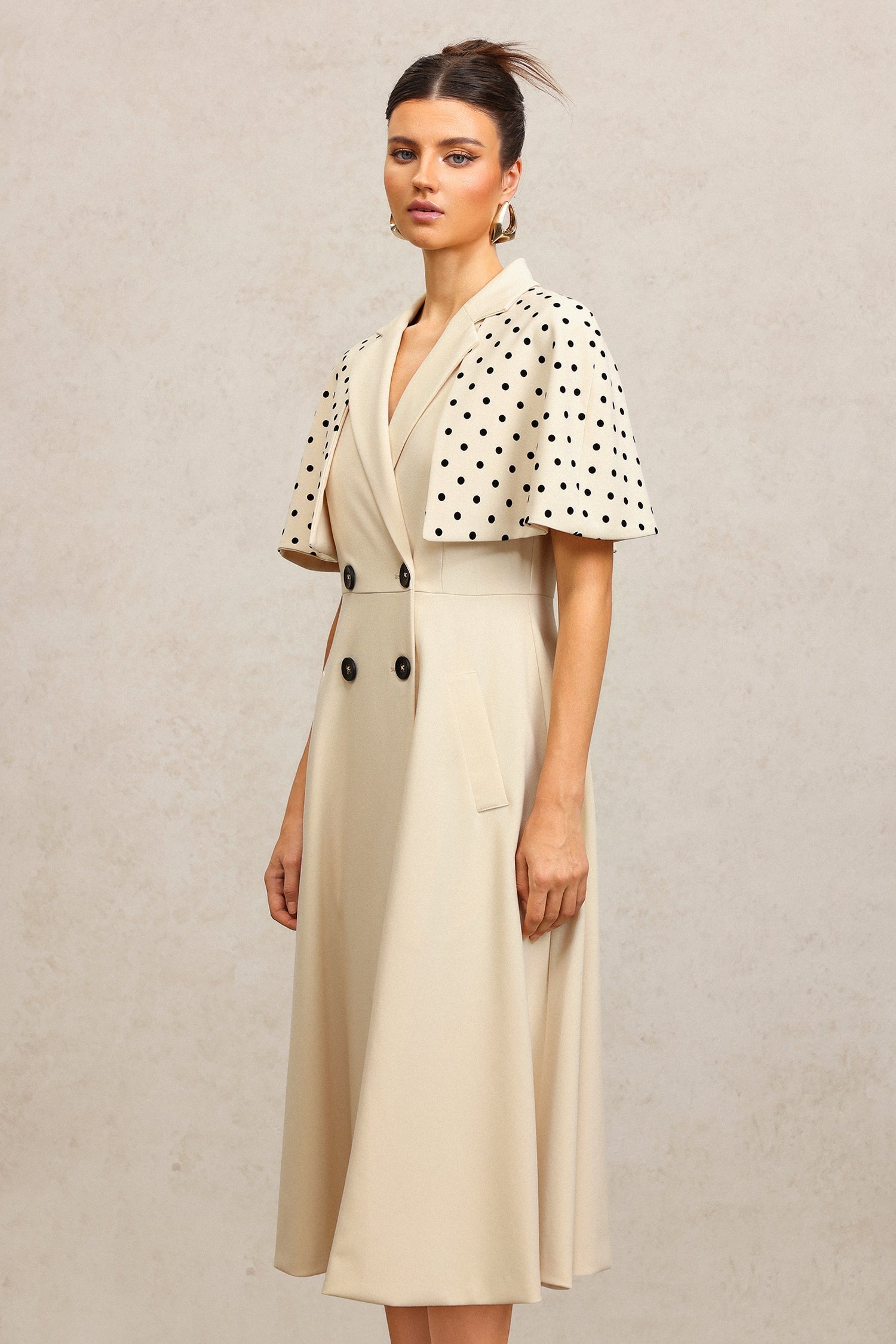 Quinn Beige Double-Breasted Maxi Dress with Polka Dot Sleeves
