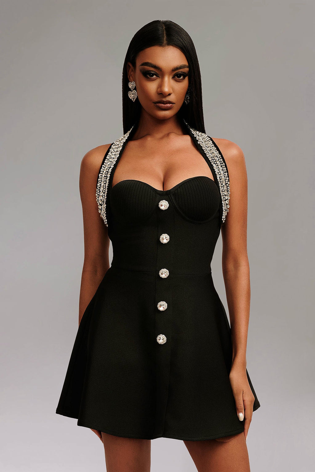 Quinn Black Strapless Ribbed Button Detail Flared Hemline Mini Dress