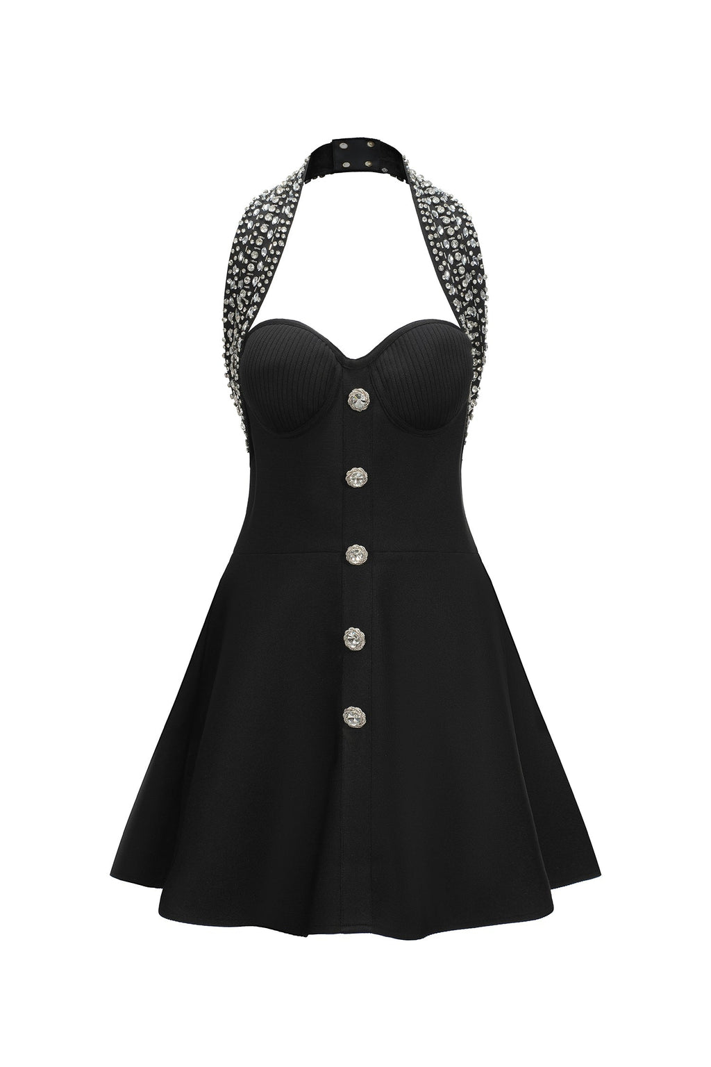 Quinn Black Strapless Ribbed Button Detail Flared Mini Dress