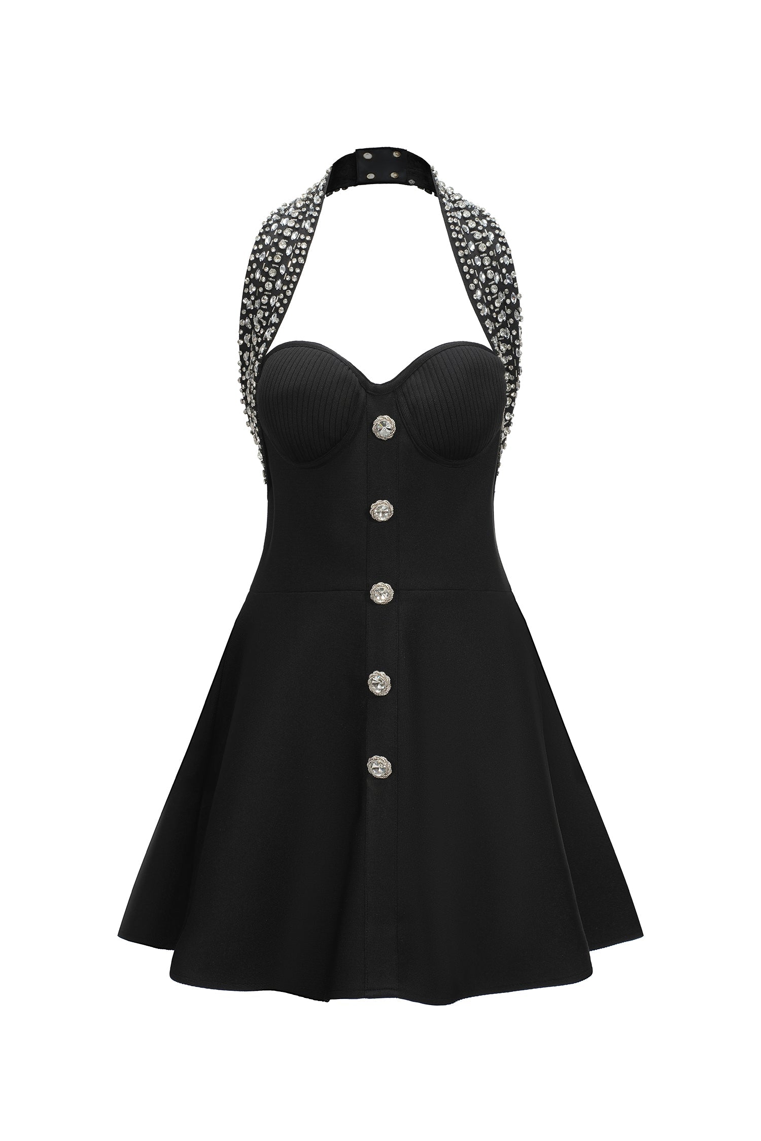 Quinn Black Strapless Ribbed Button Detail Flared Mini Dress