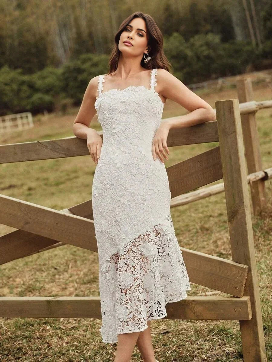 Quinn Midi Dress - Neckline Straps - Wedding Occasion - Mermaid Hem - High Waist - Elegant Style