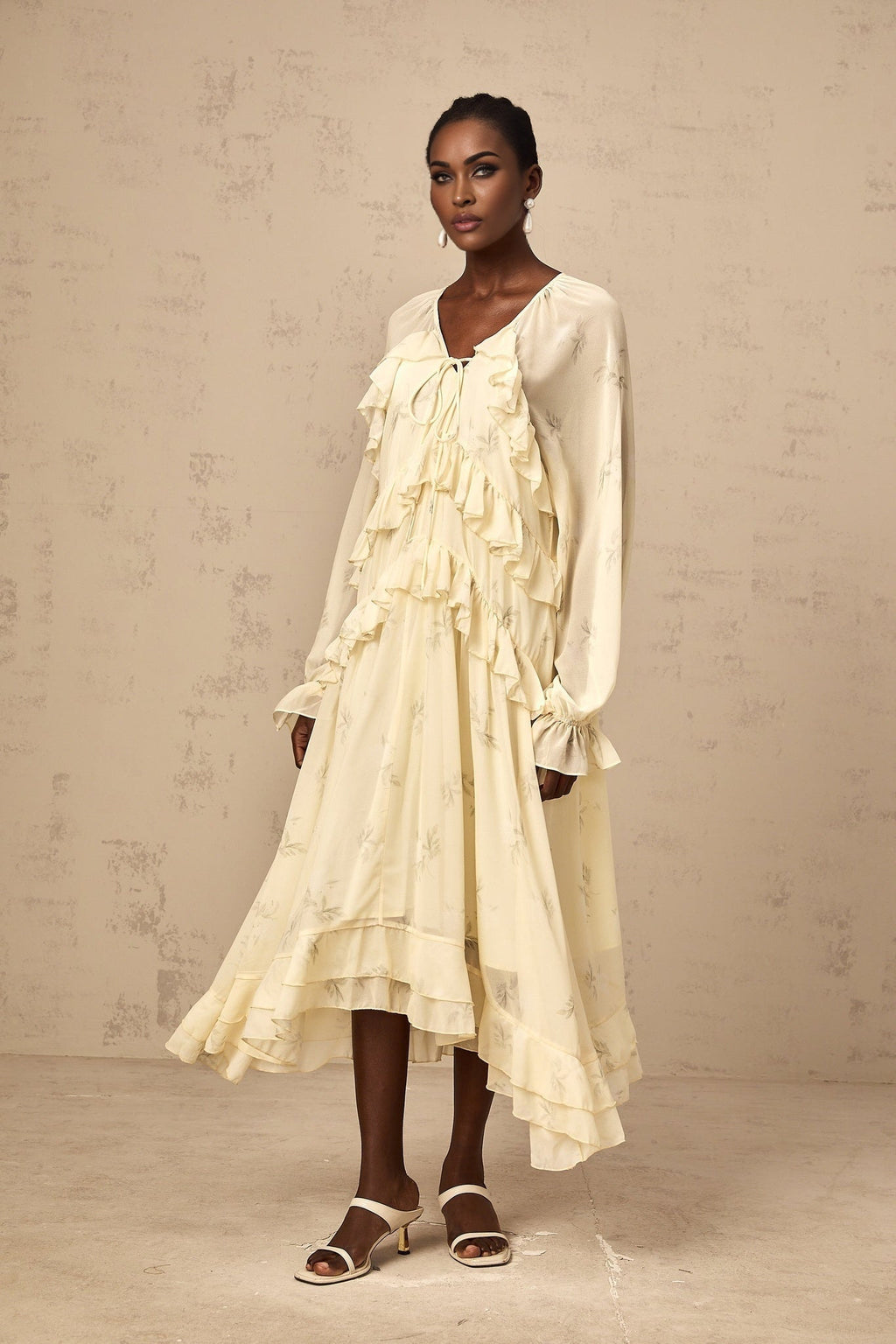 Rachel Floral Midi Dress in Light Yellow with V - neck & Puff Sleeves